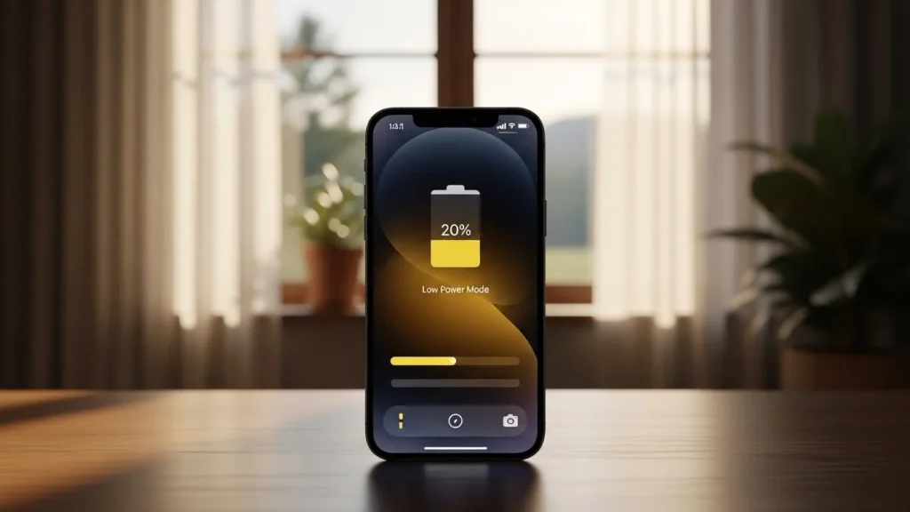 An iPhone 15 in Low Power Mode, set against a serene background, symbolizing battery conservation.