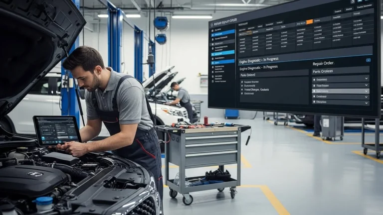 A mechanic using digital tools in an automotive repair shop, showcasing modern technology and repair management.