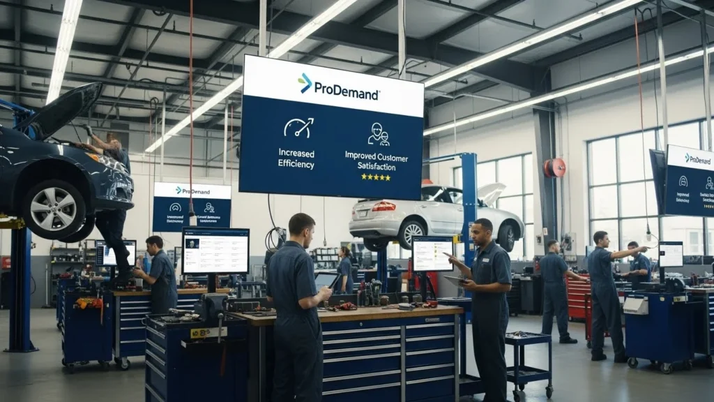 A busy automotive shop with mechanics working efficiently, highlighting the benefits of using ProDemand.