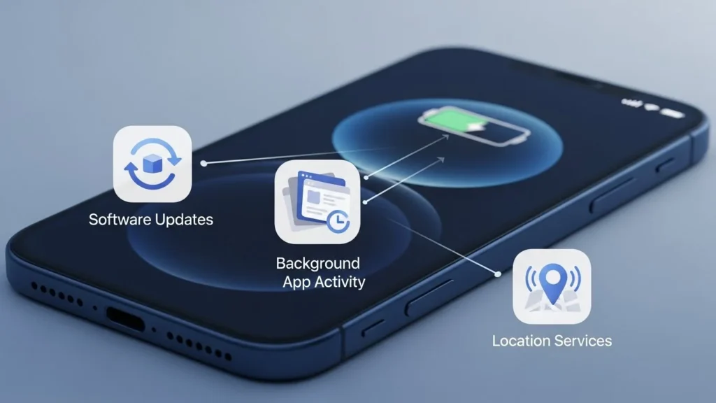 A visual representation of common causes of battery drain on iPhone 15, including software updates, background app activity, and location services.
