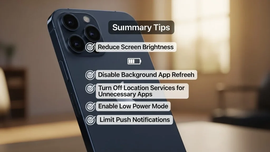 An iPhone 15 with a checklist of battery optimization tips, summarizing key points for better battery life.
