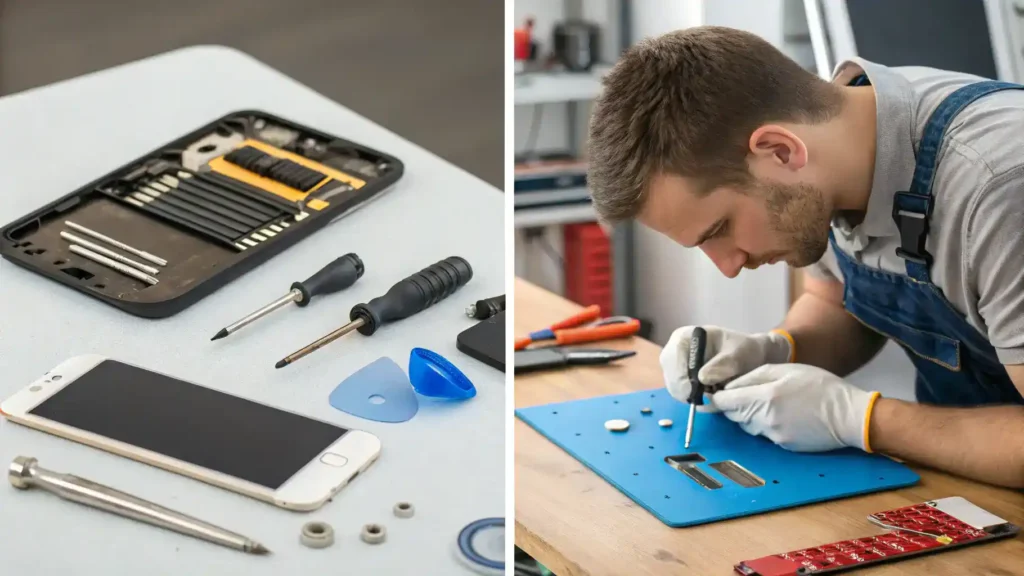 A comparison image showing DIY screen replacement tools on one side and a professional technician repairing an iPhone on the other.