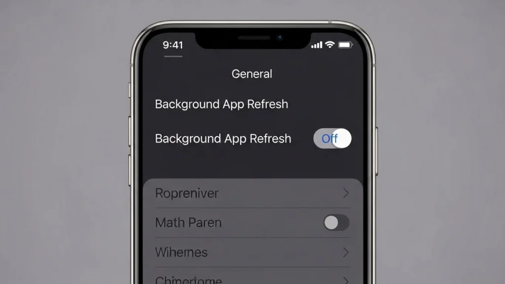 An image showing an iPhone 15 with settings being adjusted for optimal battery life, including brightness and background app refresh.