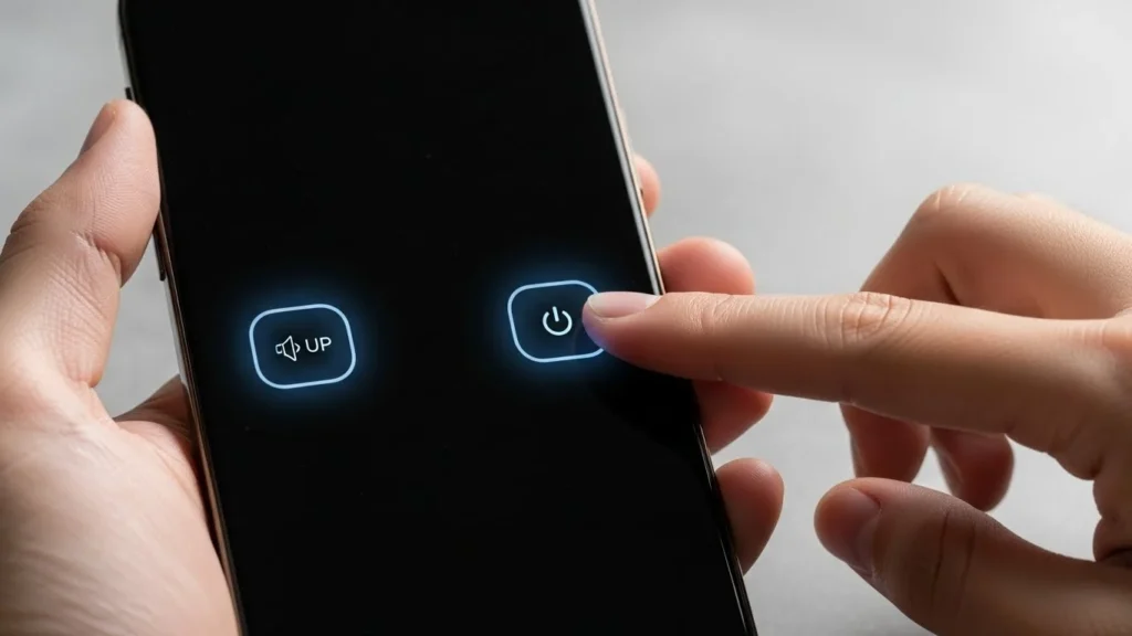 An instructional image showing the hard reset process for an iPhone with highlighted buttons.