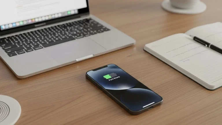 A workspace with an iPhone 15 displaying a full battery icon, surrounded by a laptop and notepad, representing battery optimization.