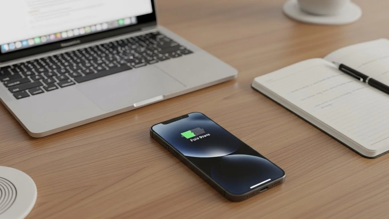 A workspace with an iPhone 15 displaying a full battery icon, surrounded by a laptop and notepad, representing battery optimization.