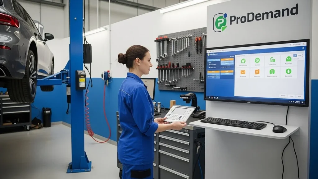 An infographic representation of ProDemand's key features, including repair information, estimating tools, and parts management.