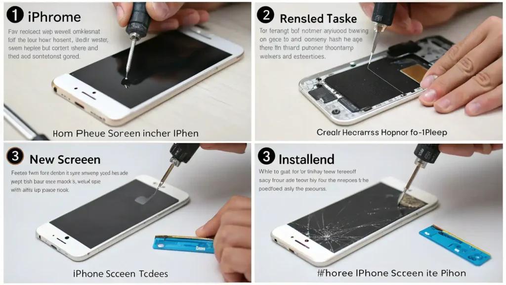 A step-by-step visual guide for replacing an iPhone screen, showing tools, preparation, removal, and installation.