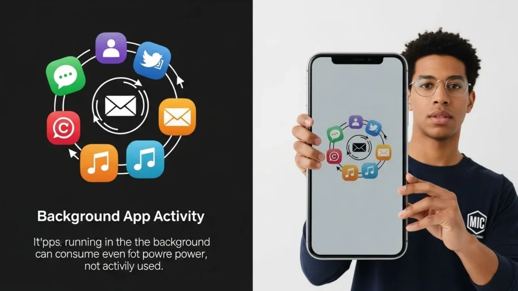 An infographic showing common battery drain issues in smartphones, specifically for iPhone 15, with icons for background apps, location services, and software bugs.