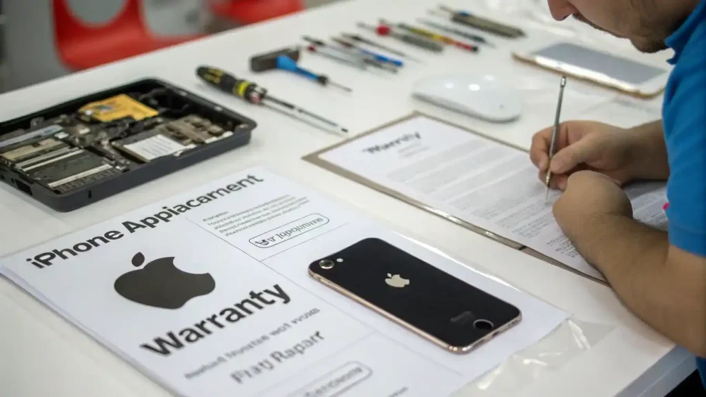 An image showing warranty documents and repair options for iPhone screen replacement, including the Apple logo and third-party repair visuals.