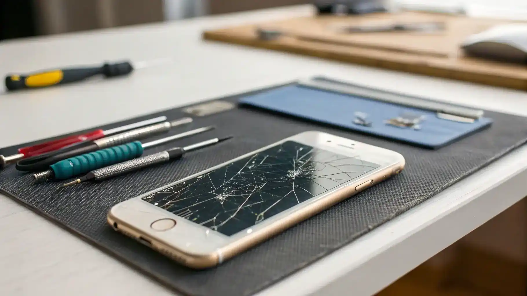 A workspace with an iPhone displaying a cracked screen, repair tools, and a new screen for replacement, emphasizing the process of iPhone screen replacement.
